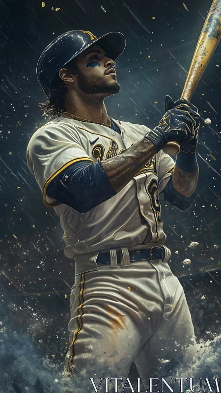 Focused baseball slugger ready to swing under rainy skies.