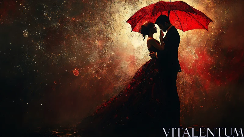 Silhouetted couple under red umbrella in golden light.