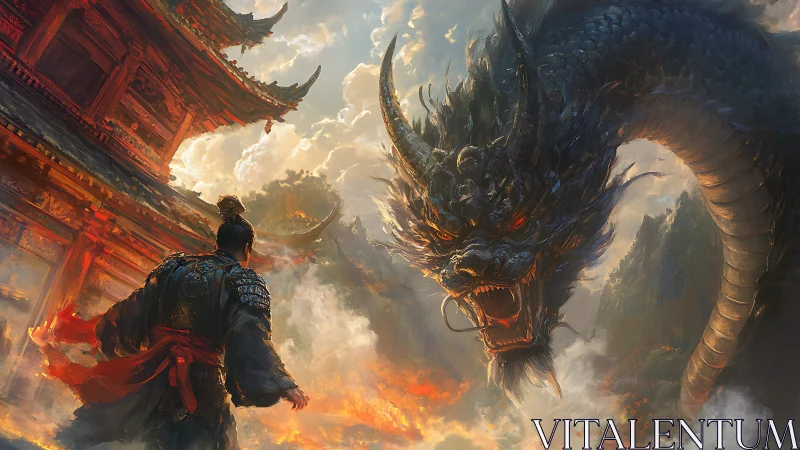 Armored warrior confronts massive dragon before burning temple