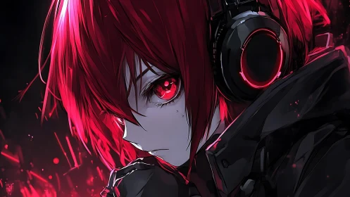 Red haired headphone user in dark digital anime profile.
