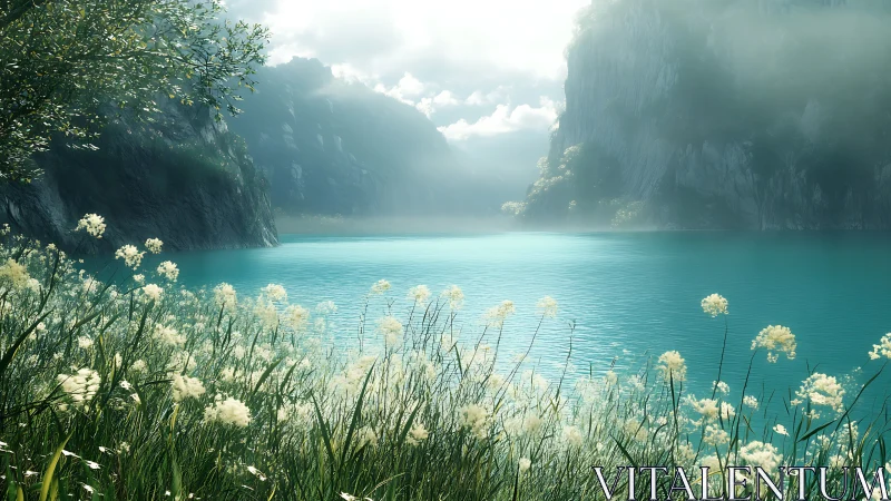 Turquoise mountain lake reflects misty cliffs and wildflowers