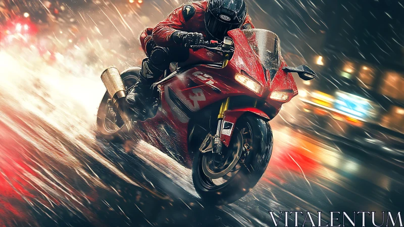 High-velocity superbike lean through rain-slick urban corridor.