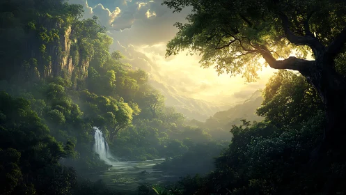 Sunlit Forest Valley with Waterfall and Mountains