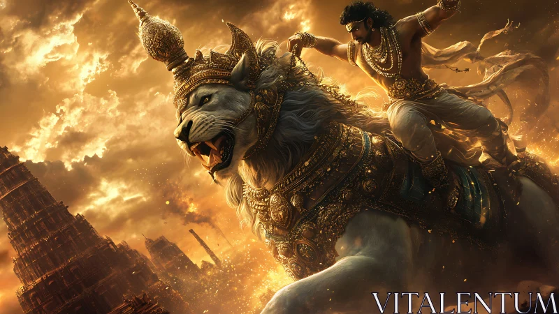 Mythic warrior riding armored lion under volumetric golden sky