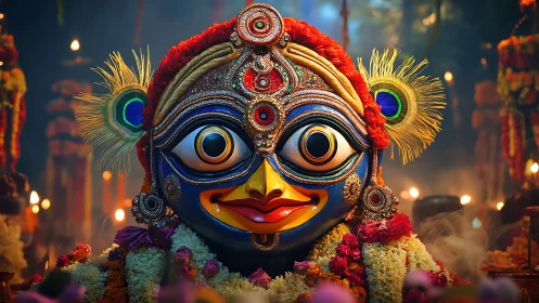 Colorful deity mask with ornate jewels and floral garlands