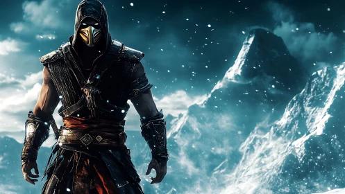 Hooded warrior stands bold against wild snowy mountainscape.