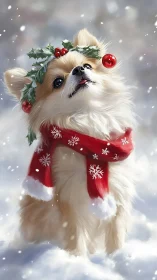 Festive Pomeranian poses in snow wearing red winter scarf