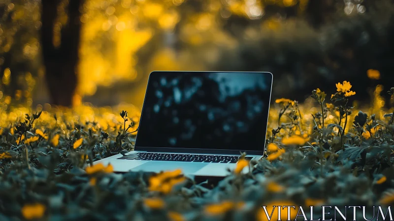 Golden meadow laptop scene welcomes quiet outdoor focus