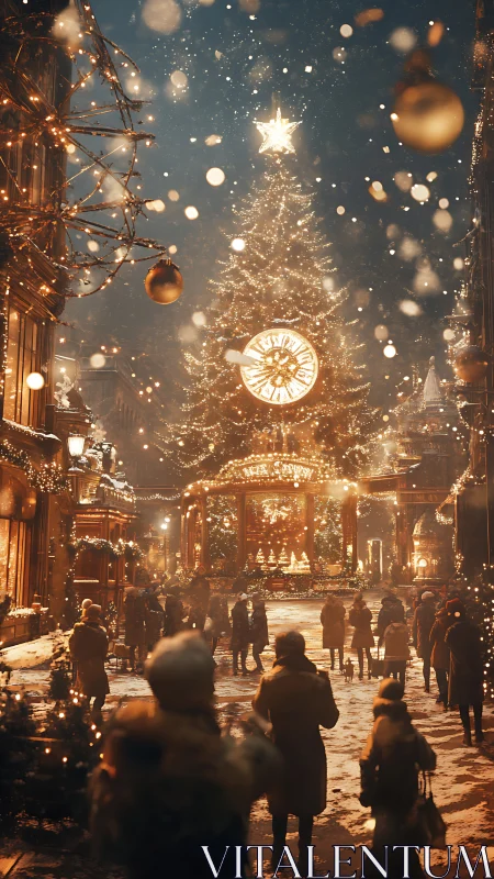 Crowd gathered around illuminated city Christmas tree.