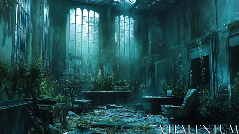 Abandoned neo-gothic office overgrown by diffuse turquoise light