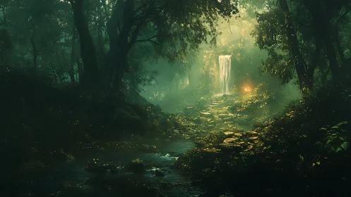 Enchanted Forest Waterfall: Luminous Fantasy Landscape.