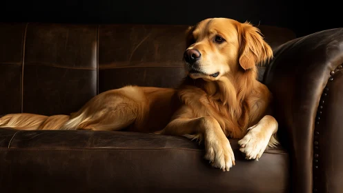 Golden retriever reclining on distressed leather sofa in studio