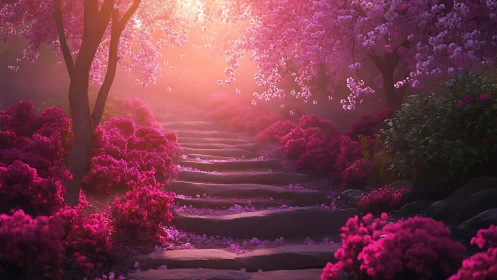 Digital painting of glowing cherry blossom garden stairway.