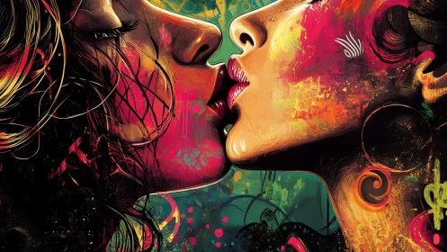 Bold, colorful kiss capturing electric connection in paint.