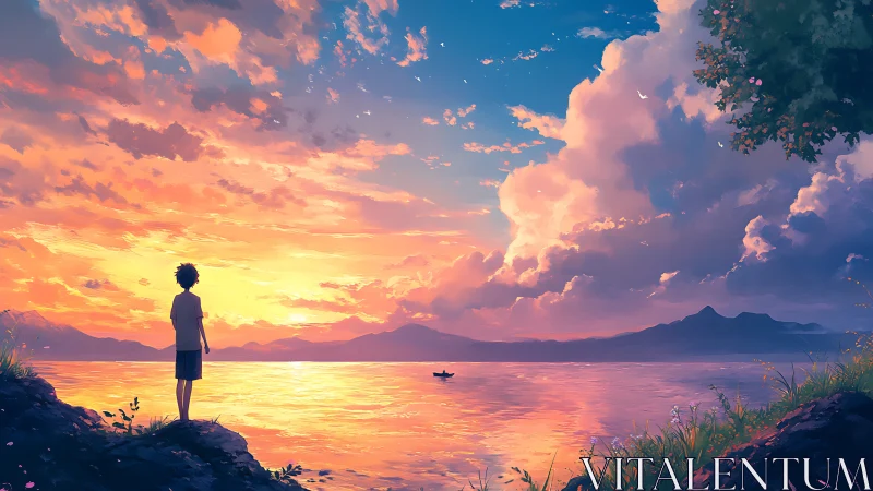 Boy observes radiant sunset over lake in atmospheric anime artwork