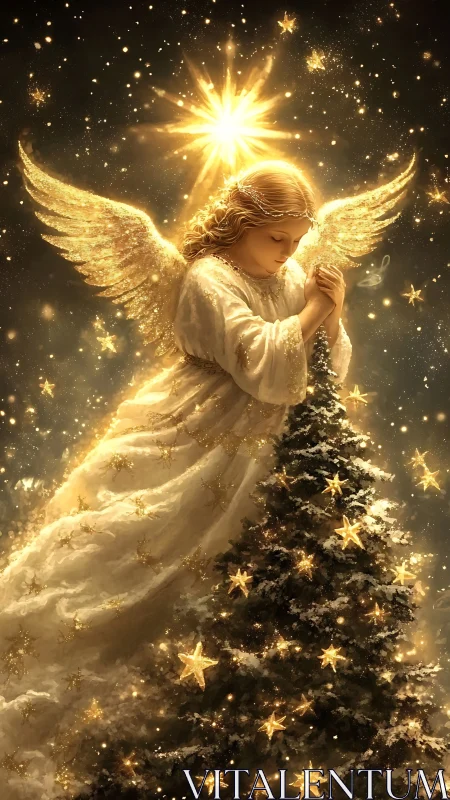 Luminous Christmas angel in golden starlit snowfall vision.