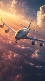 Sunlit passenger jet glides confidently through glowing clouds