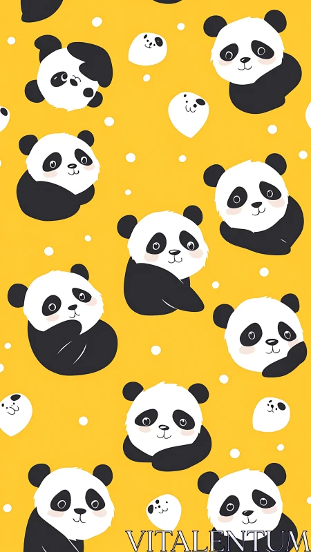 Cartoon panda heads and bodies repeat on flat yellow background