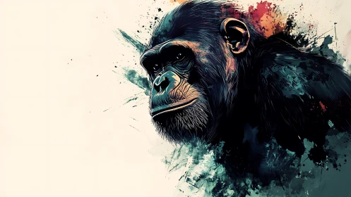 Stylized chimpanzee portrait with abstract paint textures.