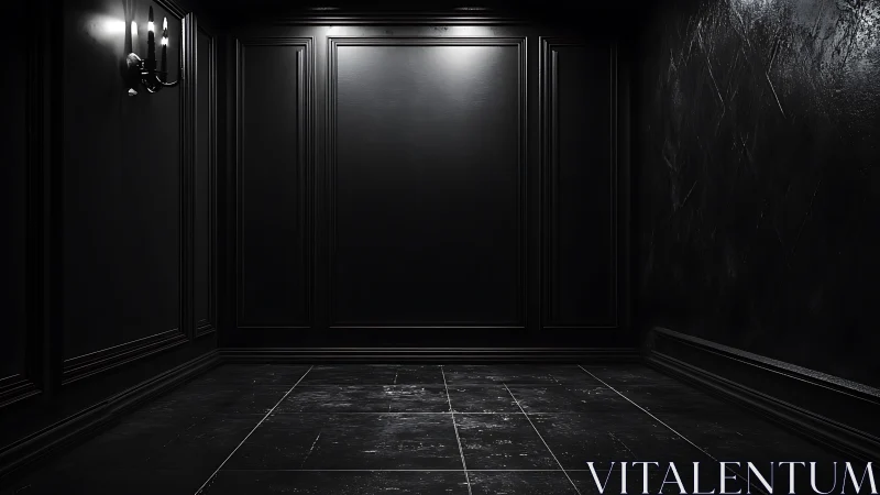 Dark black interior room with wall paneling and tiles.