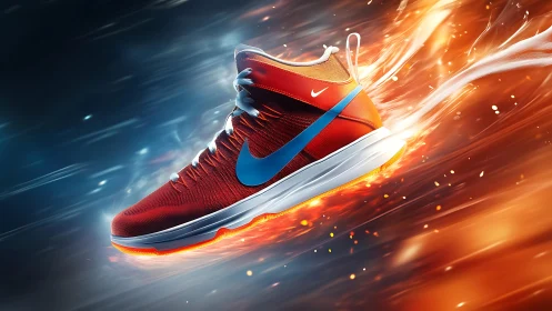Red athletic sneaker in dynamic motion with light trails.