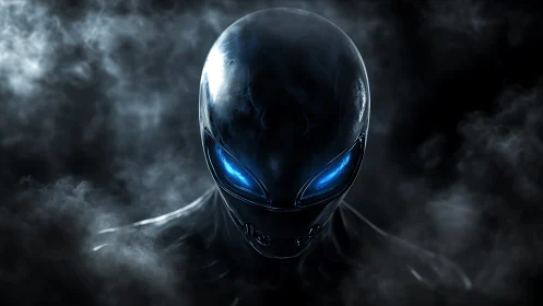 Dark sci fi alien head with glowing blue eyes in smoke.