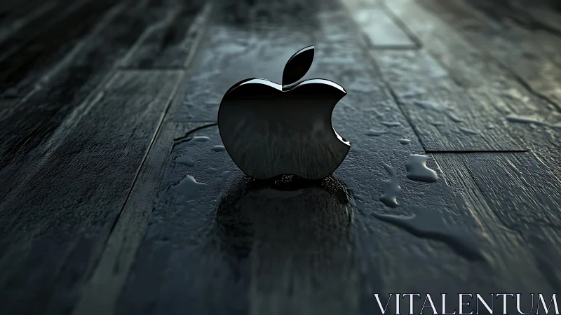 Metallic apple logo on wet reflective wooden floor surface.