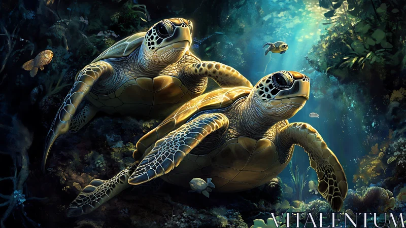 Gentle sea turtles gliding through sunlit reef waters.