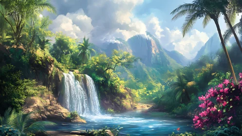 Sunlit jungle waterfall dreaming beneath cloud-bright peaks.