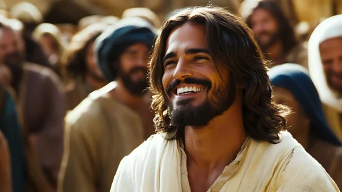 Sunlit bearded teacher laughing amid warm desert crowd.