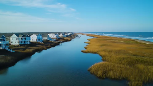 Peaceful coastal homes beside a calm blue inlet at sunrise.