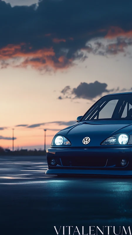 Low-angle night render isolates a Volkswagen front under neon glow