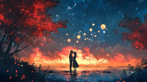 Silhouetted couple shares intimate moment beneath fiery sunset sky.