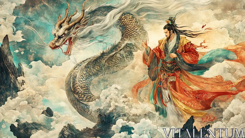 Celestial dragon circling robed sage amid storm clouds.