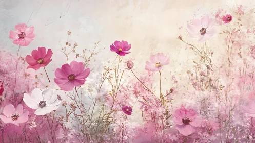 Field composition with cosmos and daisy-form flowers rendered in graduated transparency layers.