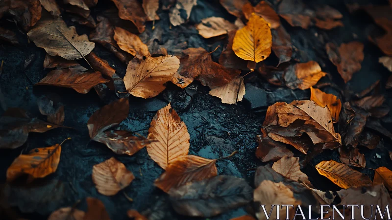Autumn beech leaves on wet forest soil with shallow depth of field