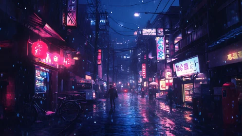 Neon soaked night street glowing softly in gentle rain.