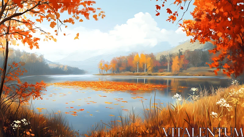 Autumn lake landscape glows with vivid orange foliage