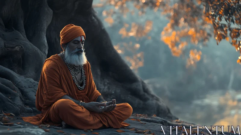 Peaceful monk in orange robes resting by ancient tree roots.