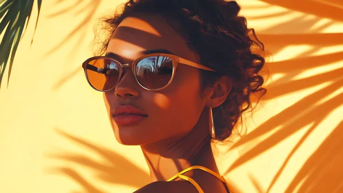 Woman wearing sunglasses in strong directional palm shadows