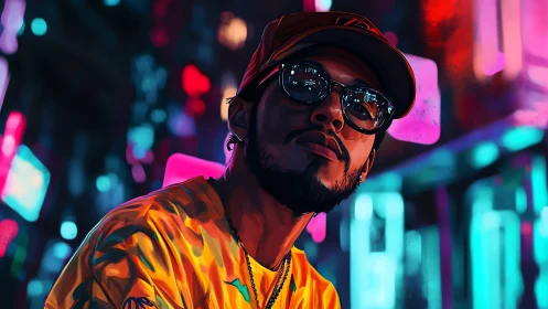 Urban portrait of man at night amid neon signage glow.