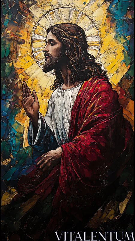 Stained glass style portrait of a haloed religious figure.