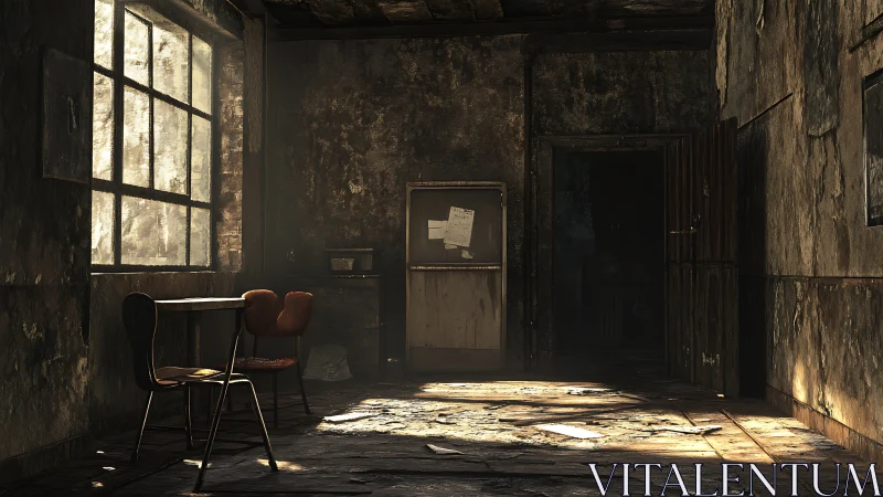 Sunlit abandoned room captures eerie post-apocalyptic stillness.
