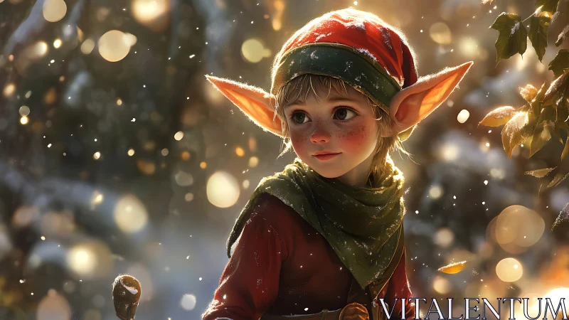 Winter woodland elf child wandering through golden light.