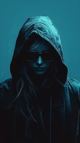 Hooded cyber figure in teal monochrome low key lighting.