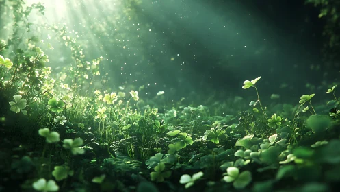 Volumetric sunlight across macro clover understory field.