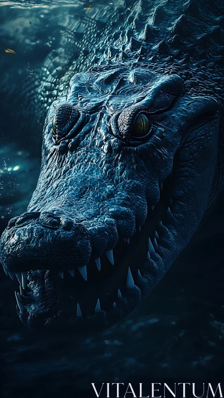 Predatory crocodile emerges from dark blue depths.