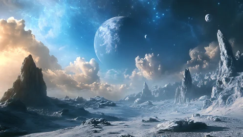 Glacial exoplanet landscape under multi-lunar celestial dome.