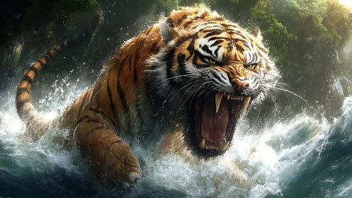 Roaring jungle tiger bursting through wild river spray.