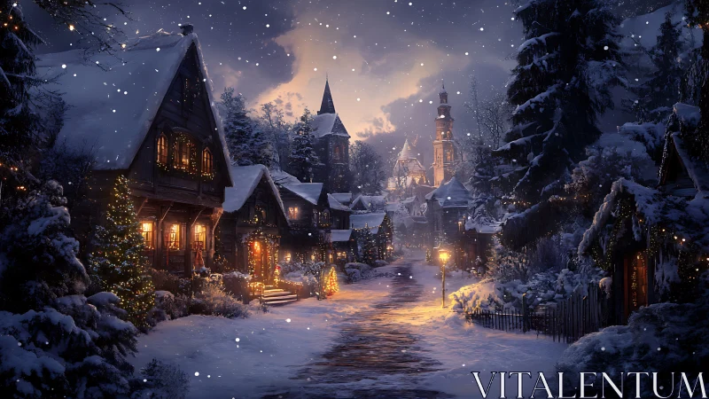 Snowlit Christmas village street under warm lantern glow.